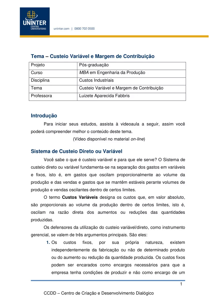 tema custeio vari vel e margem de contribui o