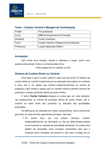 Tema  Custeio Varivel e Margem de Contribuio  Projeto Ps-graduao  Curso MBA em