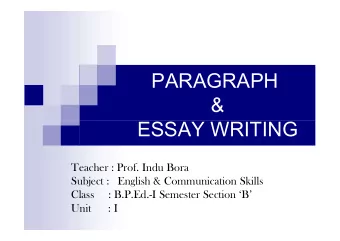 PARAGRAPH  &amp;  ESSAY WRITING  ESSAY WRITING  Teacher : Prof. Indu Bora  Subject :   English