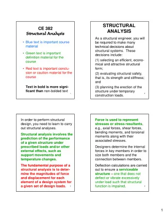 STRUCTURAL  CE 382  ANALYSIS  Struct  Structural Analysis  ural Analysis  As a structural engineer,