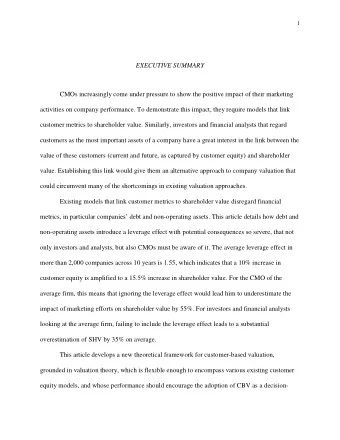 EXECUTIVE SUMMARY  CMOs increasingly come under pressure to show the positive impact of their