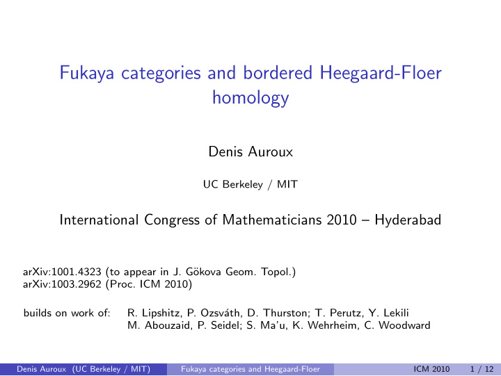 fukaya categories and bordered heegaard floer homology