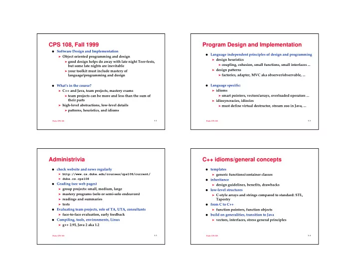 cps 108 fall 1999 program design and implementation