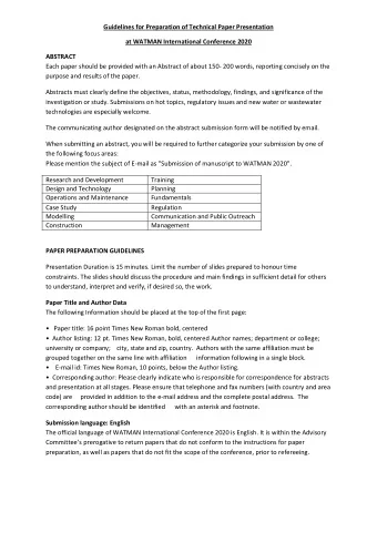 Guidelines for Preparation of Technical Paper Presentation  at WATMAN International Conference 2020