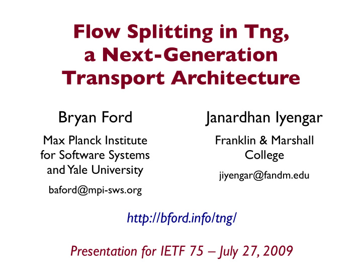flow splitting in tng a next generation transport