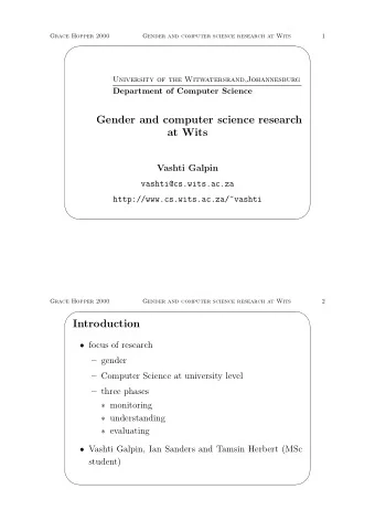 Gender and computer science research  at Wits  Vashti Galpin  vashti@cs.wits.ac.za