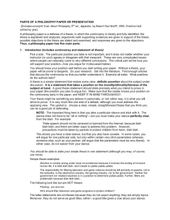 PARTS OF A PHILOSOPHY PAPER OR PRESENTATION [Includes excerpts from About Philosophy, 5 th ed.,