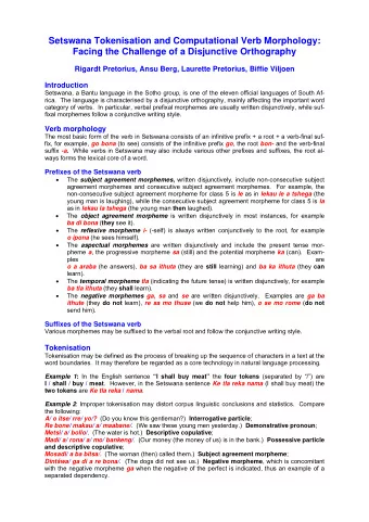 Setswana Tokenisation and Computational Verb Morphology:  Facing the Challenge of a Disjunctive