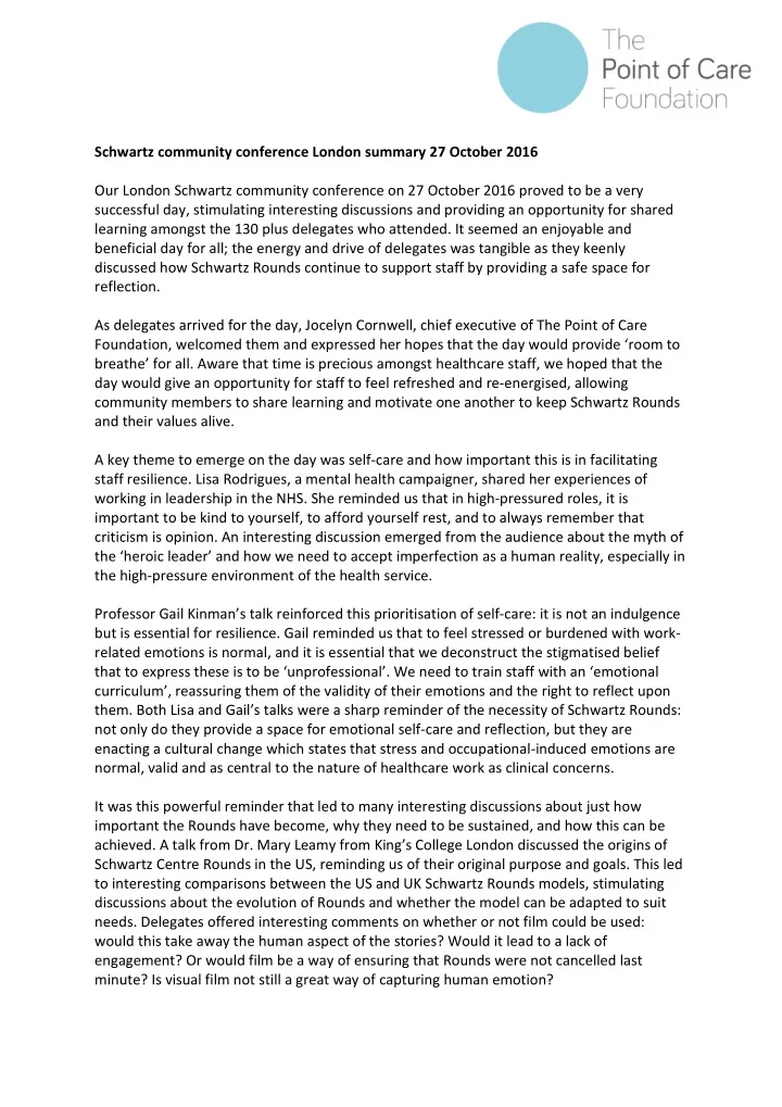 schwartz community conference london summary 27 october