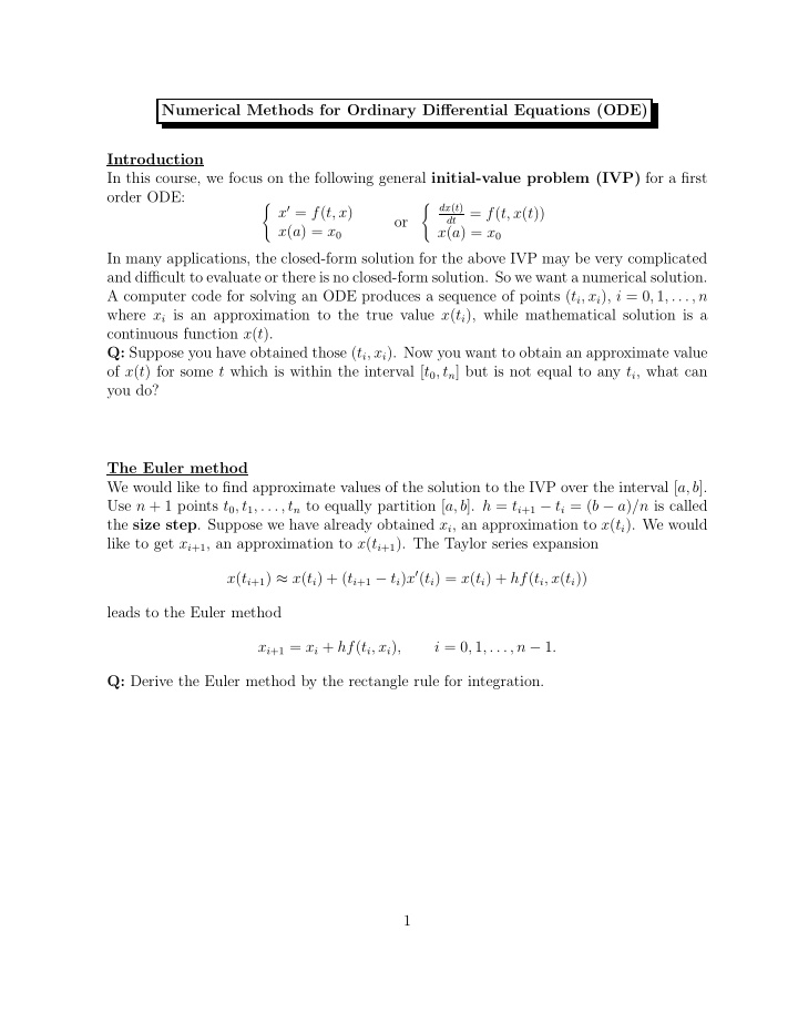 numerical methods for ordinary differential equations ode