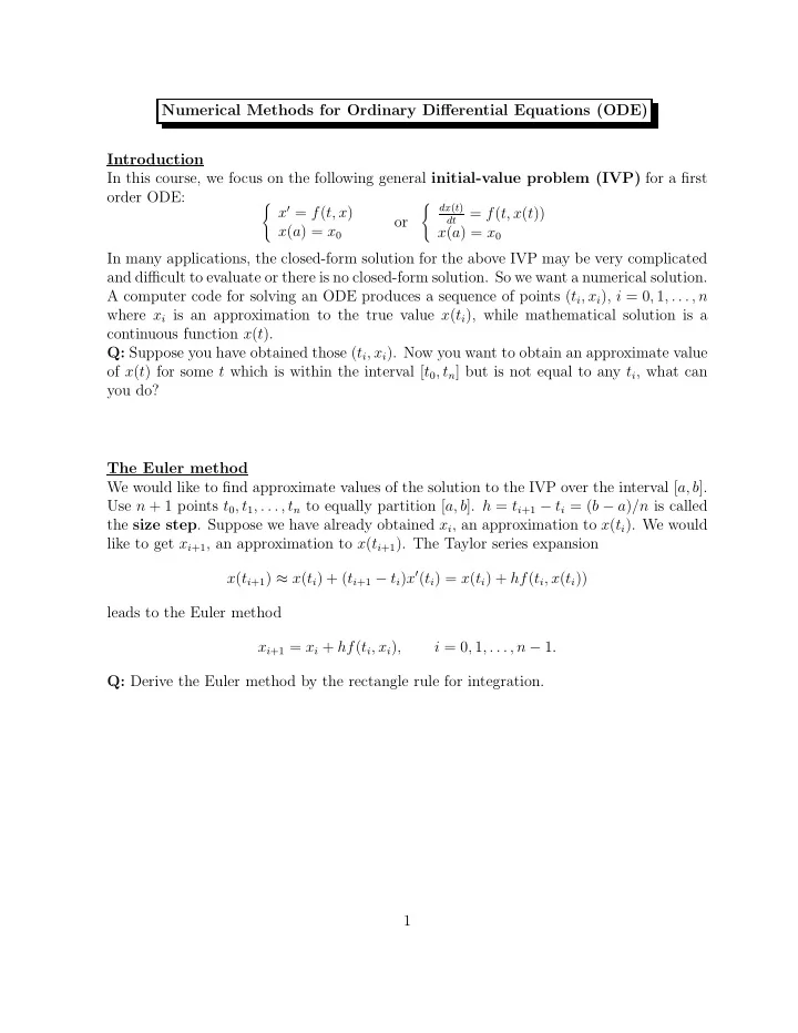 numerical methods for ordinary differential equations ode