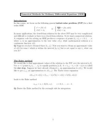 Numerical Methods for Ordinary Differential Equations (ODE)  Introduction In this course, we focus