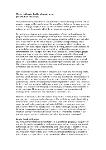 The Artist has to decide whom to serve  JEANNE VAN HEESWIJK  This paper is about the different that