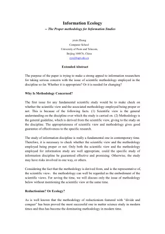 Information Ecology -- The Proper methodology for Information Studies yixin Zhong Computer School
