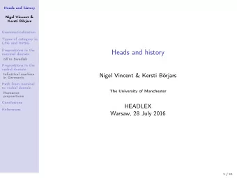 Heads and history  nominal domain till in Swedish  Prepositions in the  verbal domain  Infinitival