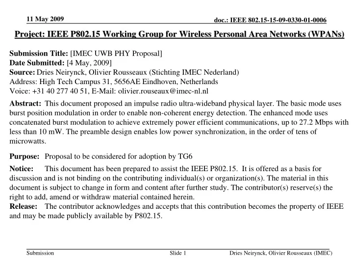 project ieee p802 15 working group for wireless personal