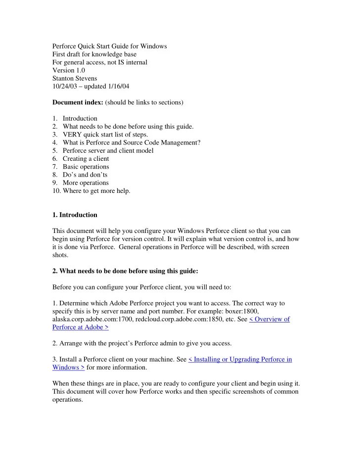 perforce quick start guide for windows first draft for