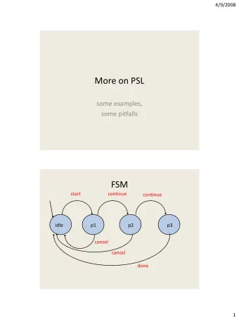 More on PSL  some examples,  some pitfalls  FSM  start  continue  continue  idle  p1  p2  p3