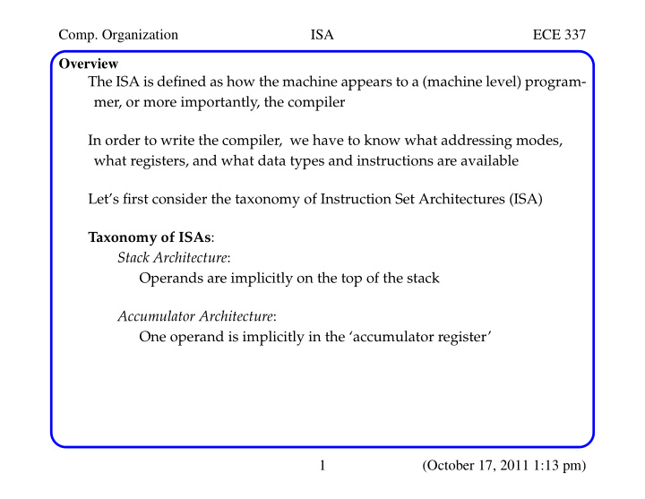 comp organization isa ece 337 overview the isa is defined