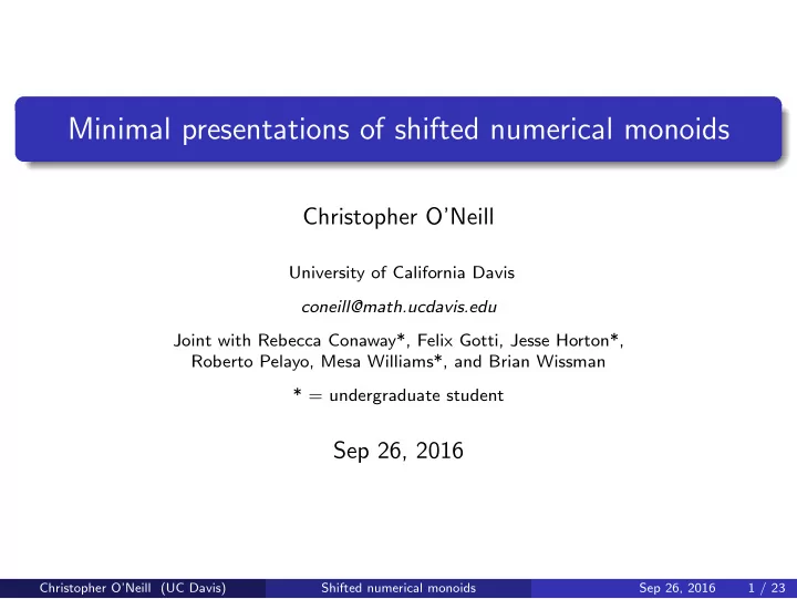minimal presentations of shifted numerical monoids