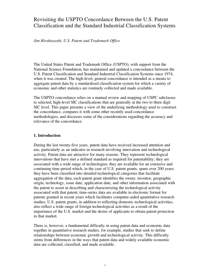 revisiting the uspto concordance between the u s patent