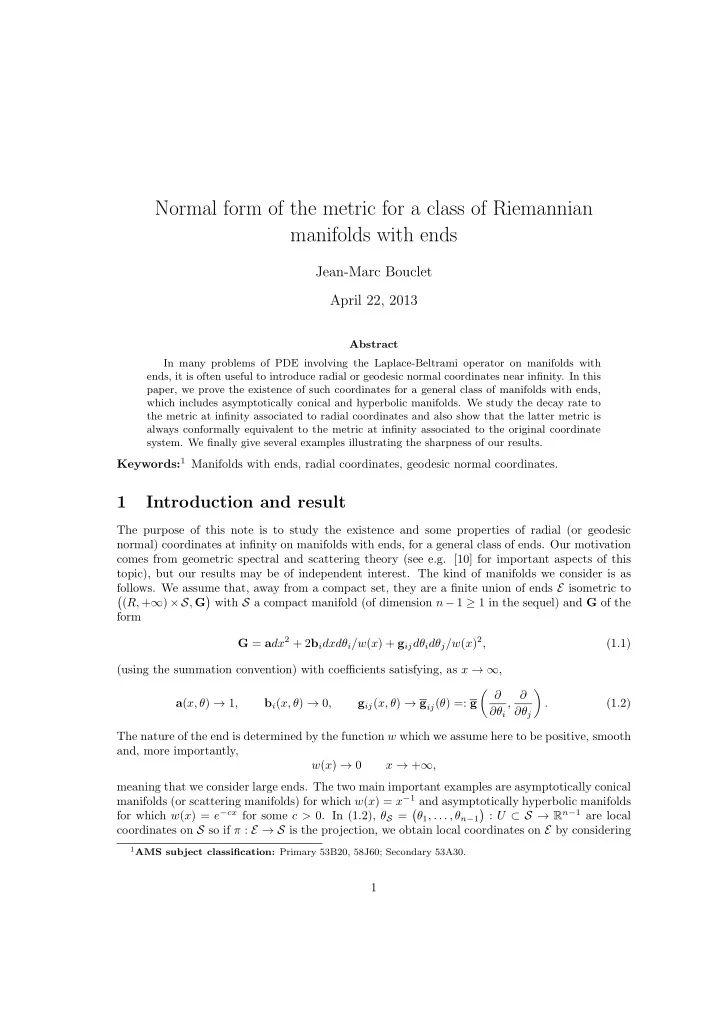 normal form of the metric for a class of riemannian