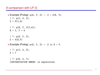 A comparison with LP (I)  Example (Prolog): q(X, Y, Z) :- Z = f(X, Y).  | ?- q(3, 4, Z).  Z =