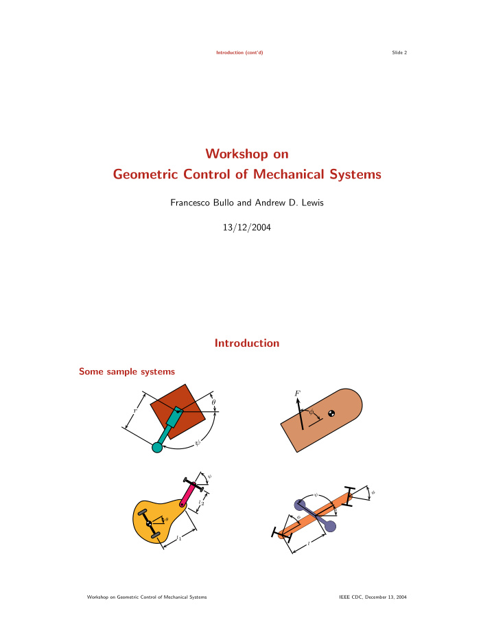 workshop on geometric control of mechanical systems