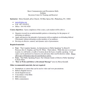 Basic Communication and Presentation Skills  Syllabus  Keystone Center for Training and Renewal