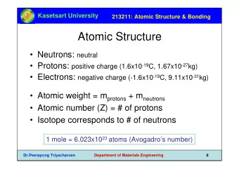 Atomic Structure  Neutrons: neutral  Protons: positive charge (1.6x10 -19 C, 1.67x10 -27 kg)