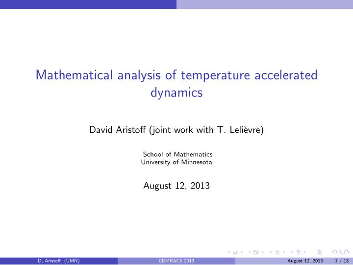 mathematical analysis of temperature accelerated dynamics