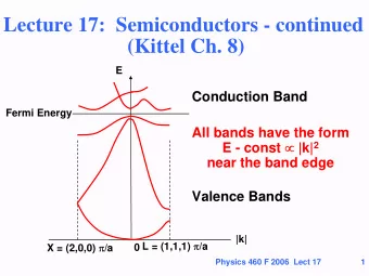 Lecture 17:  Semiconductors - continued  (Kittel Ch. 8)  E  Conduction Band  Fermi Energy  All