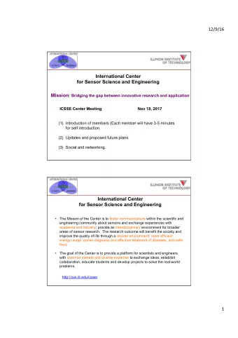 12/9/16    International Center  for Sensor Science and Engineering Mission : Bridging the gap