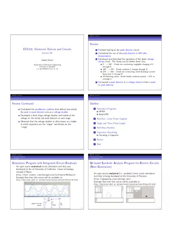 Review  EEE118: Electronic Devices and Circuits 1 Finished looking at the peak detector circuit.