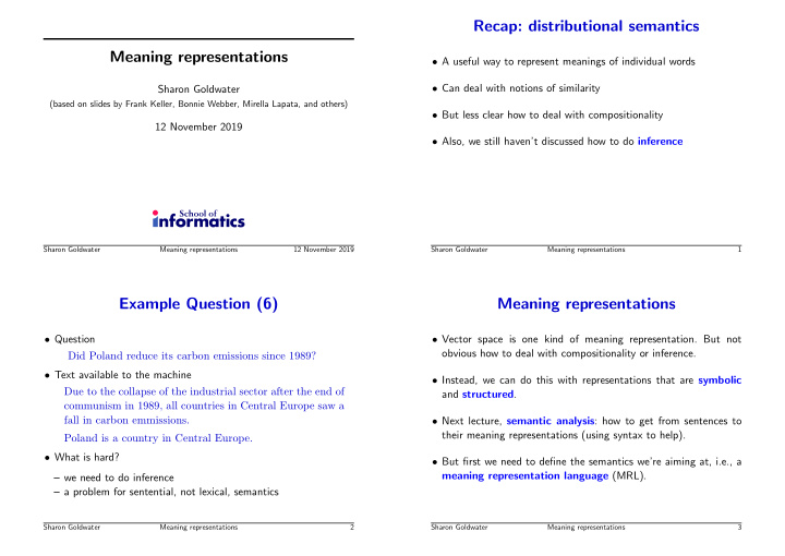 recap distributional semantics meaning representations