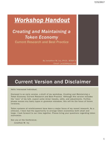 Wo  Workshop Handout  Creating and Maintaining a  Token Economy  Current Research and Best Practice