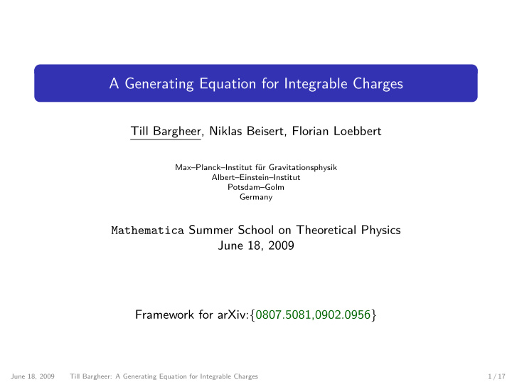 a generating equation for integrable charges