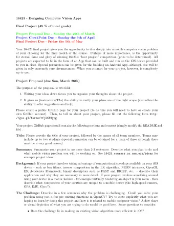 16423 - Designing Computer Vision Apps  Final Project (45 % of total grade)  Project Proposal Due -