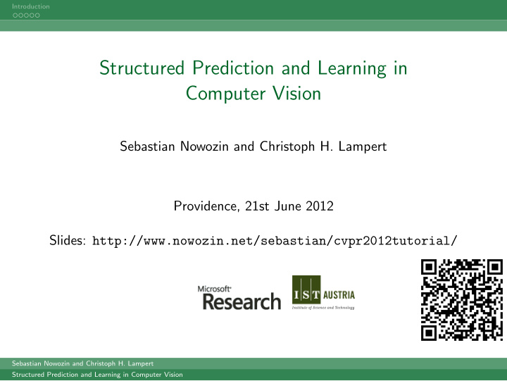 structured prediction and learning in computer vision