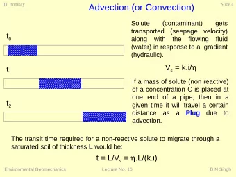Advection (or Convection)  Solute  (contaminant)  gets  transported (seepage velocity) t 0  along
