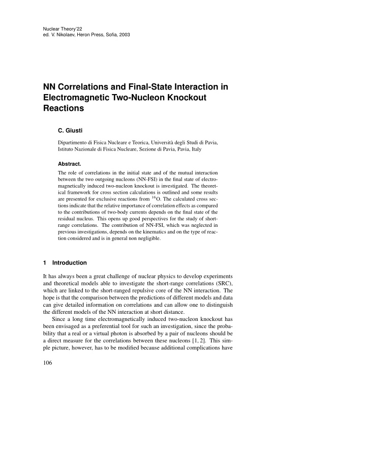 nn correlations and final state interaction in