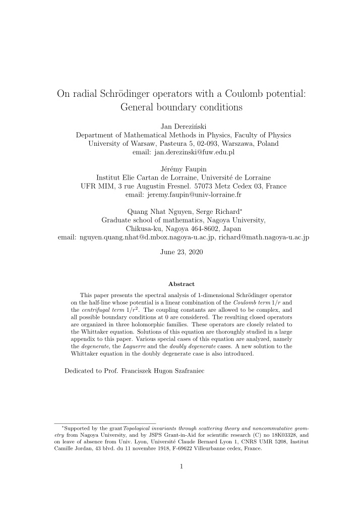 on radial schr odinger operators with a coulomb potential