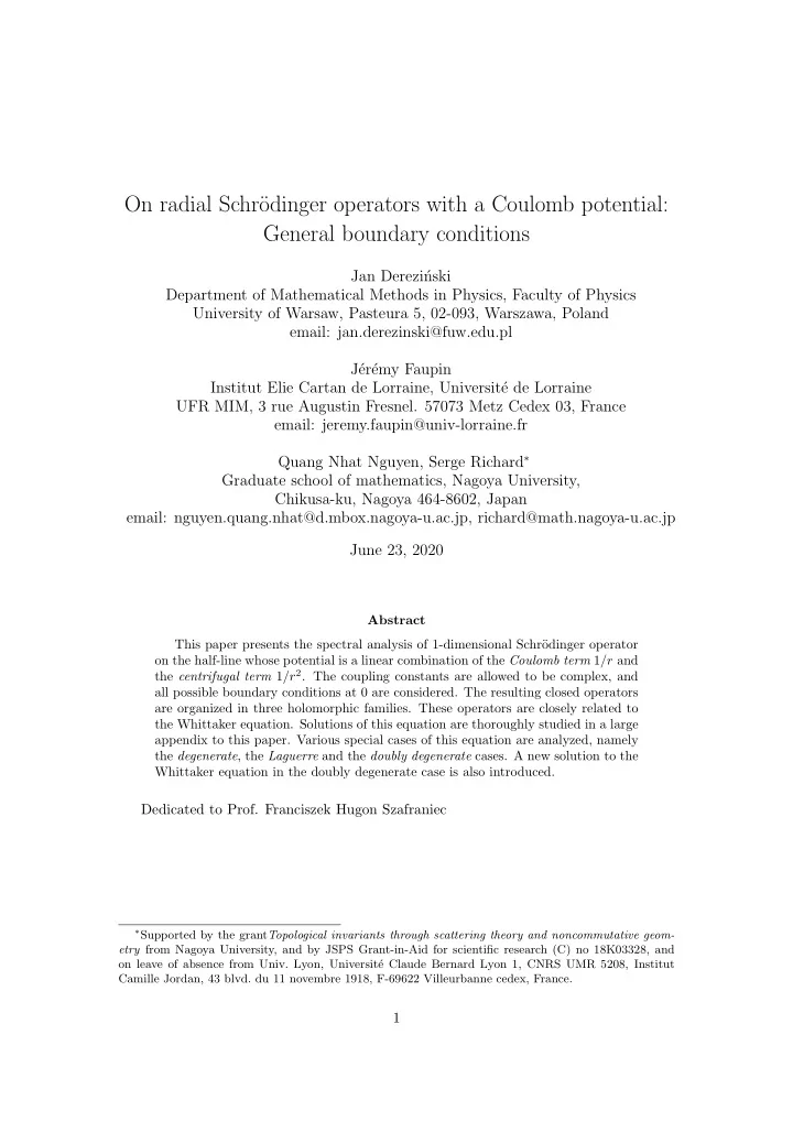 on radial schr odinger operators with a coulomb potential