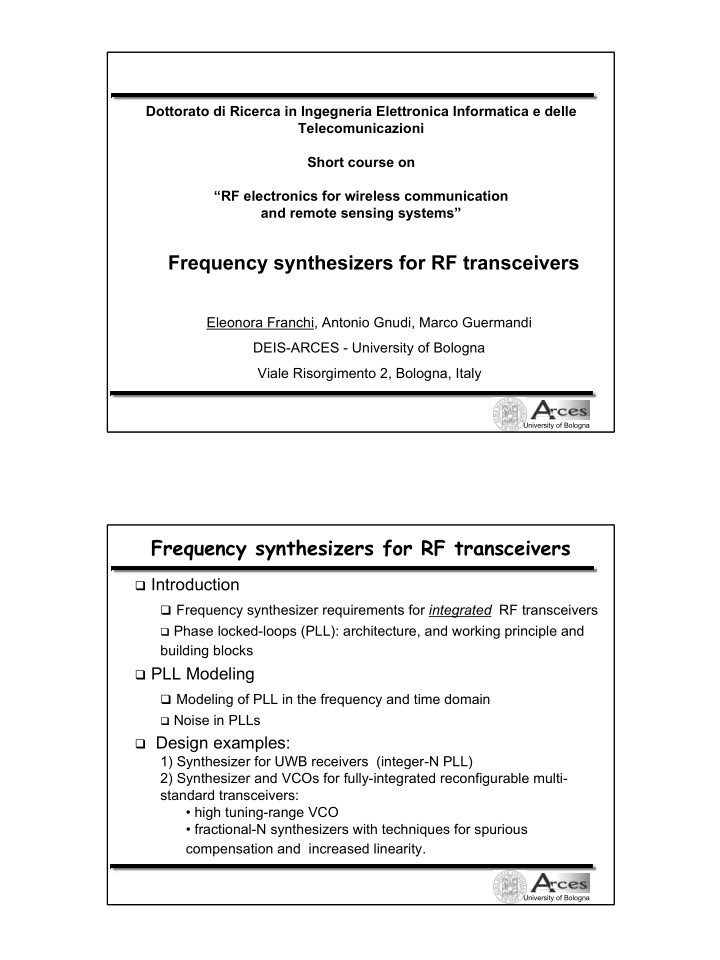 frequency synthesizers for rf transceivers