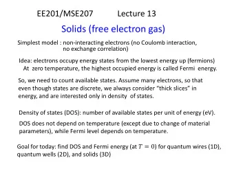 Solids (free electron gas)  Simplest model : non-interacting electrons (no Coulomb interaction,  no