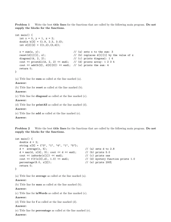 problem 1 write the best title lines for the functions