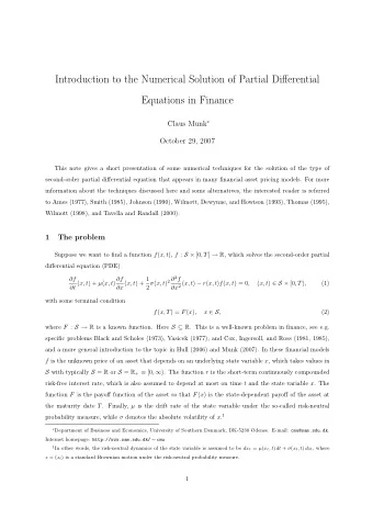 Introduction to the Numerical Solution of Partial Differential  Equations in Finance Claus Munk