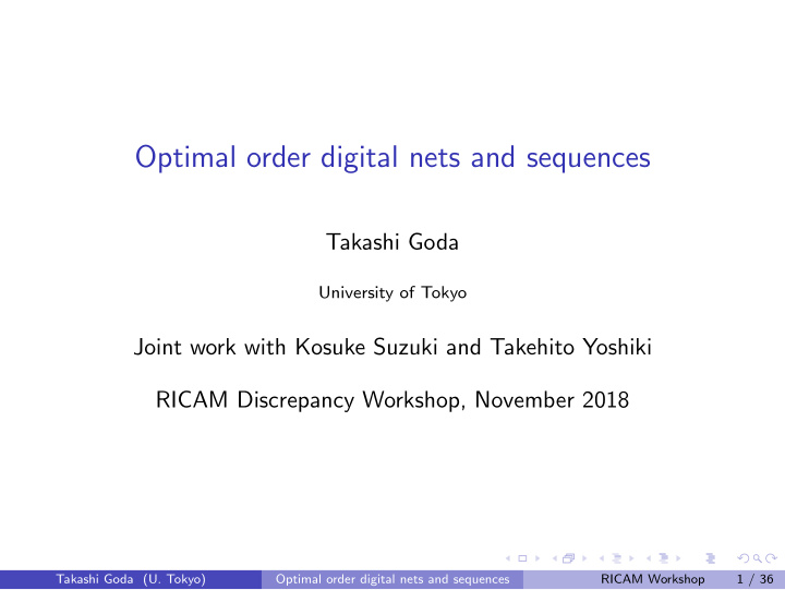 optimal order digital nets and sequences