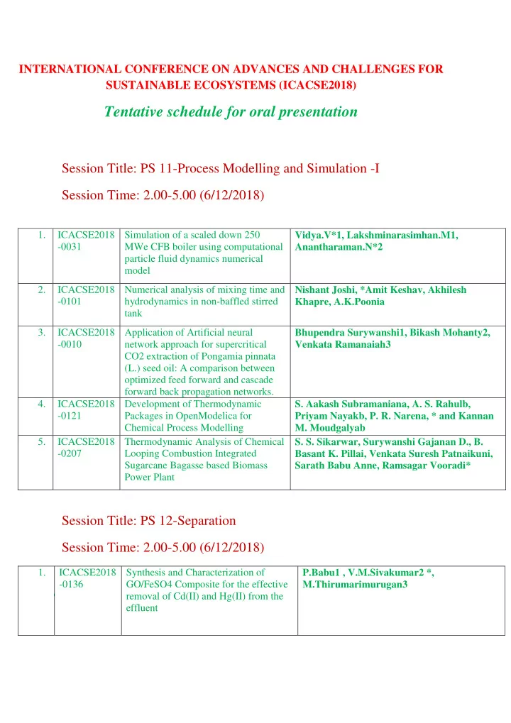 tentative schedule for oral presentation