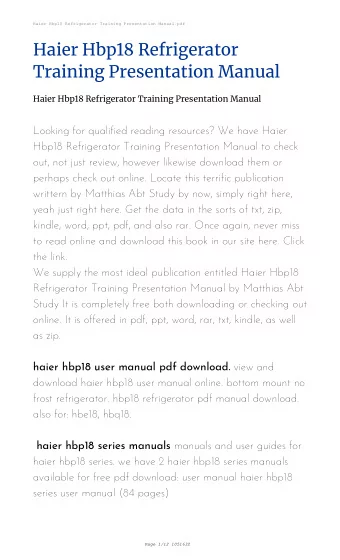 Haier Hbp18 Refrigerator  Training Presentation Manual  Haier Hbp18 Refrigerator Training